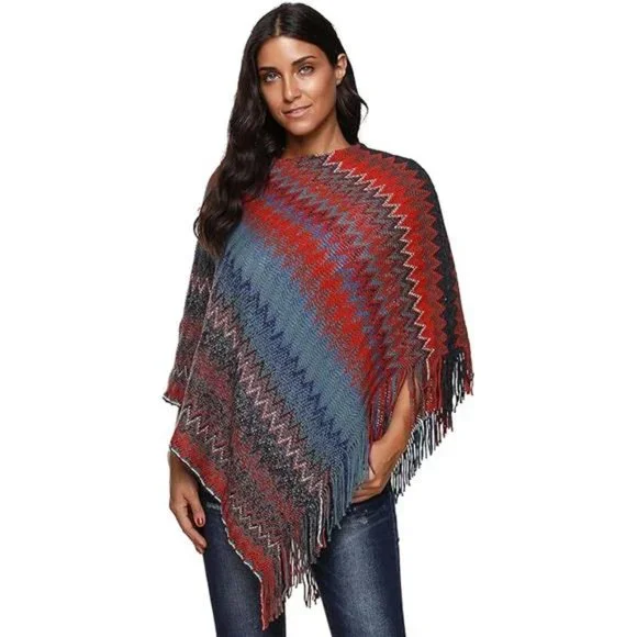 Women's Zig-Zag Knit Tassel Fringed Pullover Poncho Sweater Cape Shawl Wrap - Picture 7 of 7
